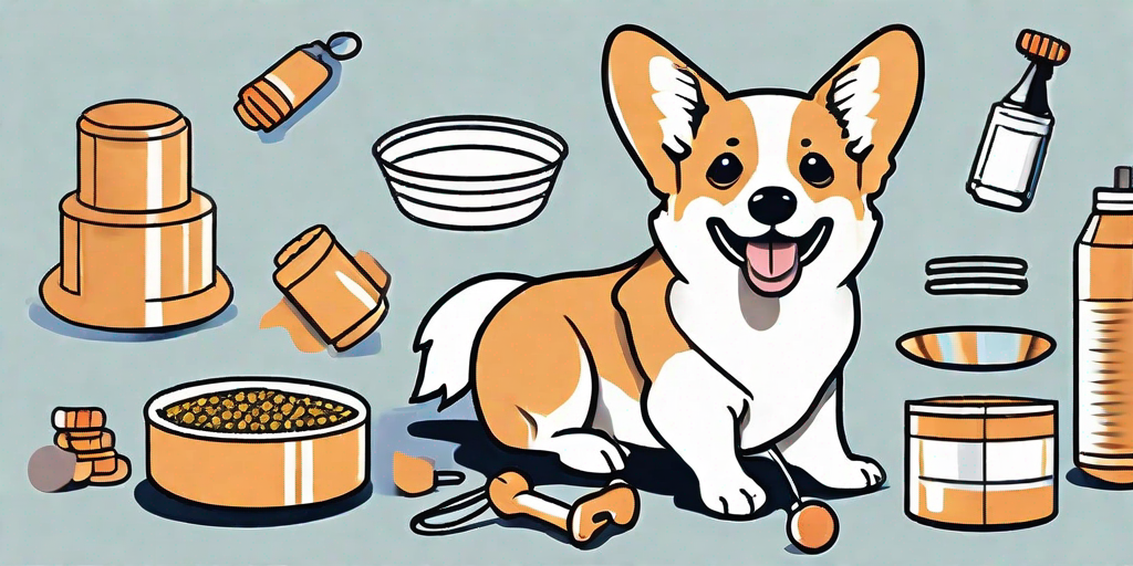 A playful corgi puppy surrounded by training items like a leash and toys
