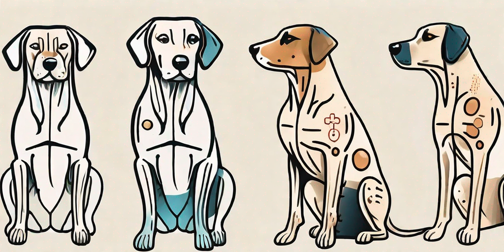 Different types of dog warts on various parts of a dog's body